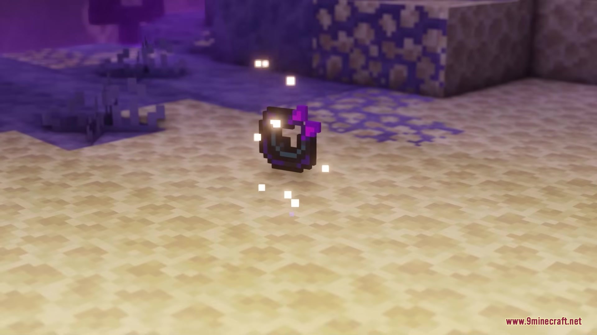 The Beyond Mod Screenshot 1 A mysterious purple item floats and sparkles on the ground in the End