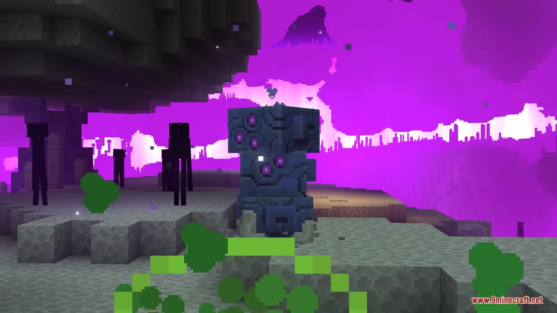 The Beyond Mod Screenshot 10 A mysterious stone creature with glowing eyes stands on a floating End island