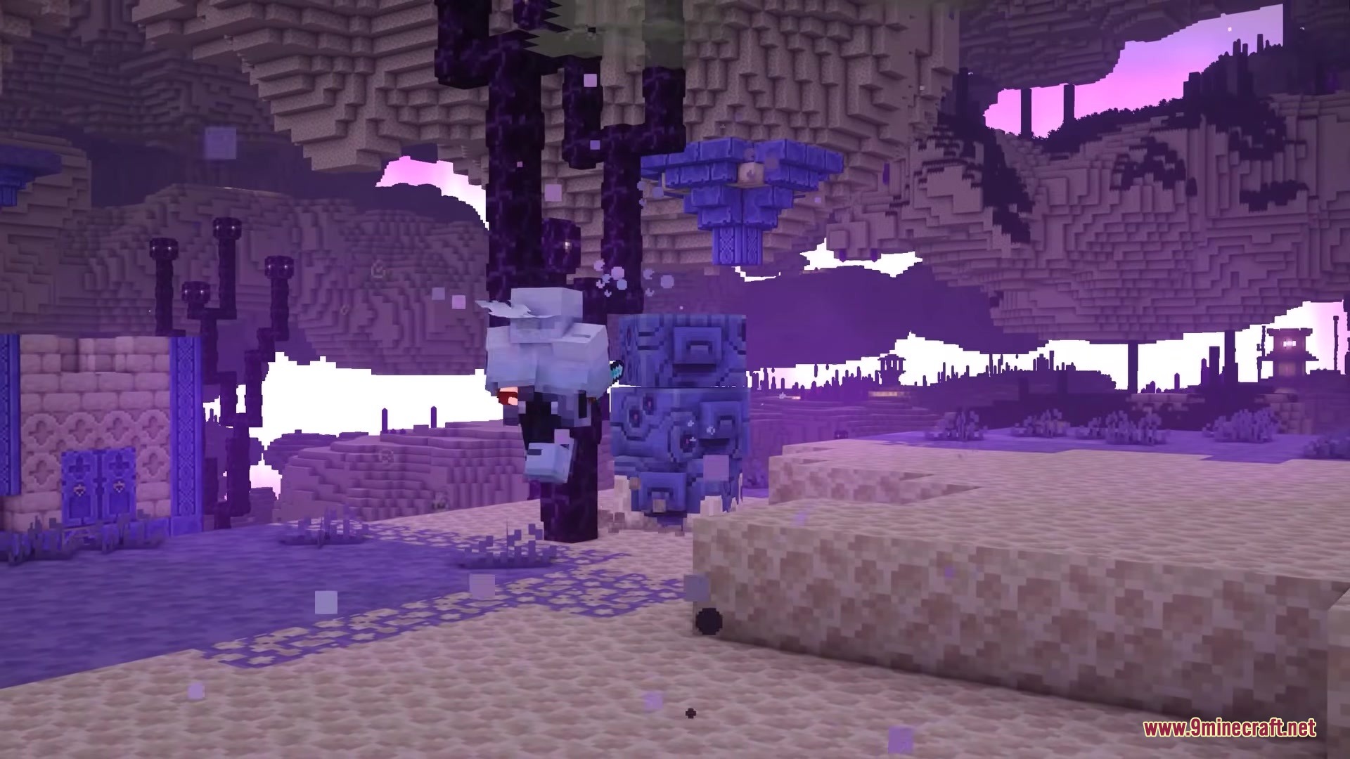 The Beyond Mod Screenshot 11 A white creature stands near a dark purple tree in a new End biome
