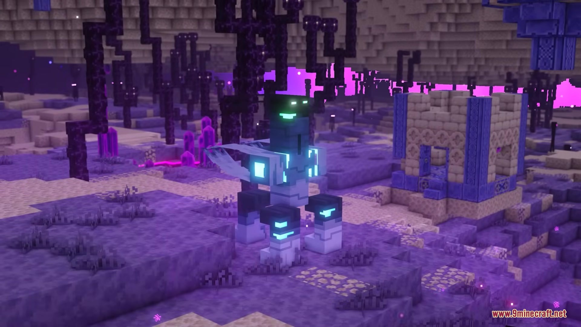 The Beyond Mod Screenshot 12 A robotic centaur mob with glowing blue lights stands on purple End terrain