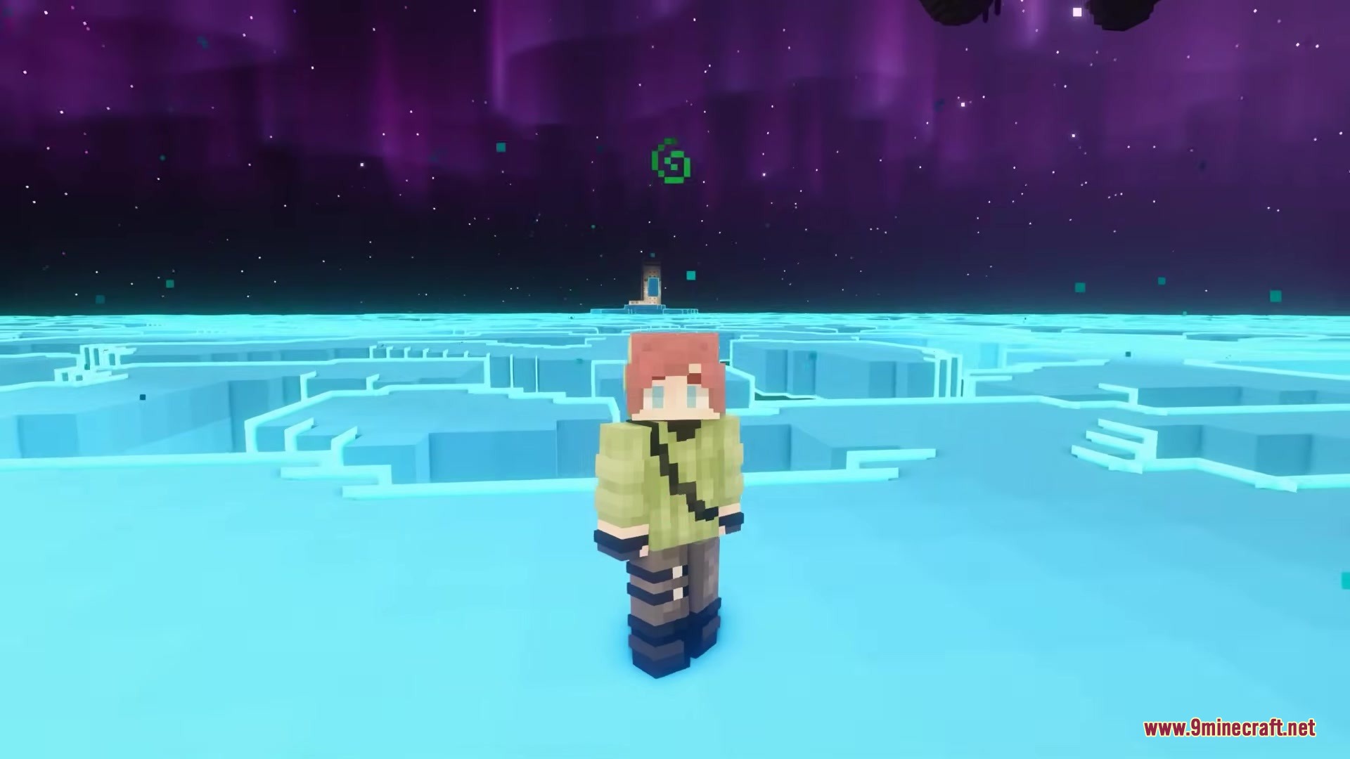 The Beyond Mod Screenshot 14 Player character standing on a glowing blue surface under a purple aurora