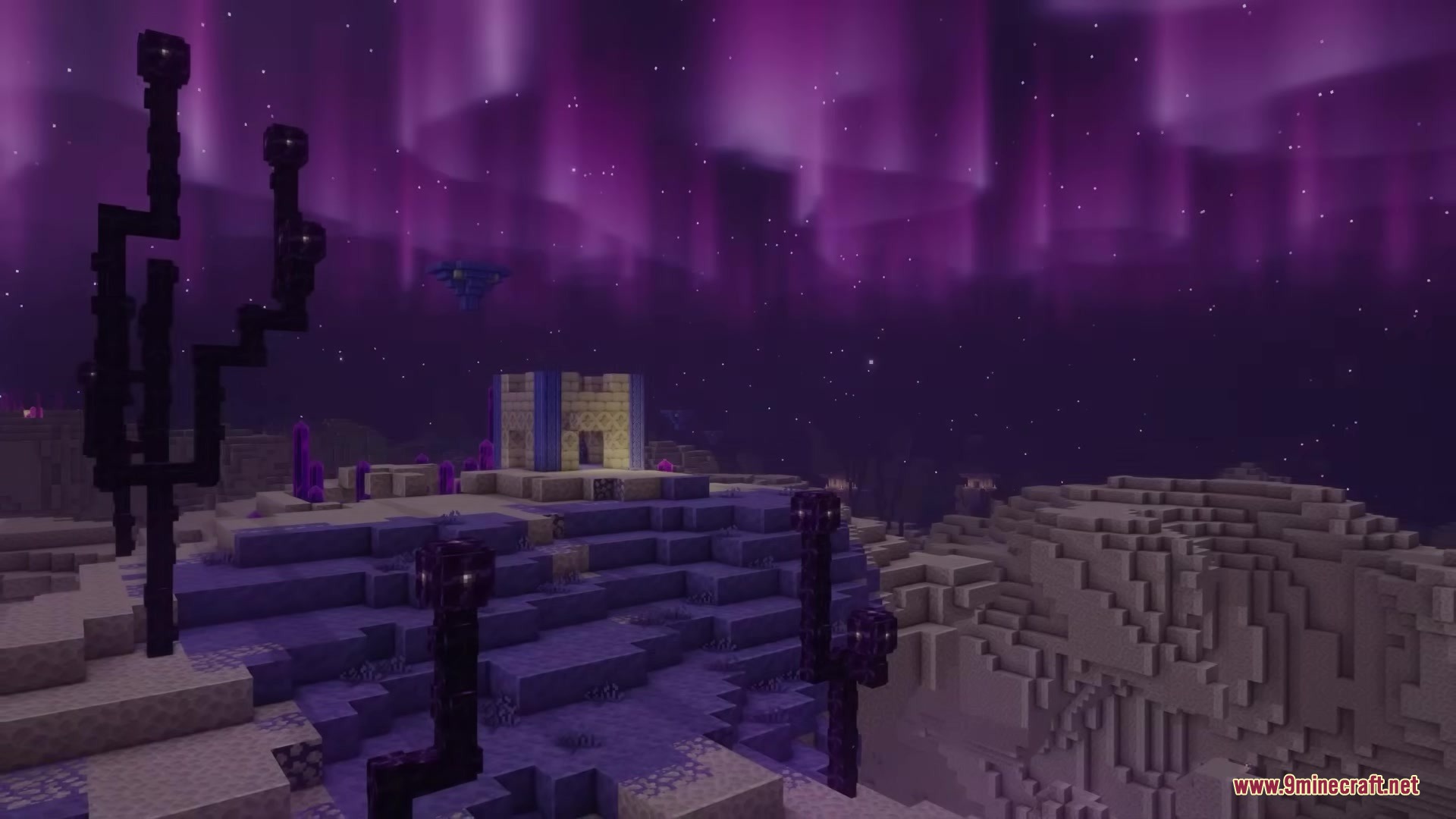 The Beyond Mod Screenshot 16 A purple aurora sky shines over the redesigned End dimension landscape