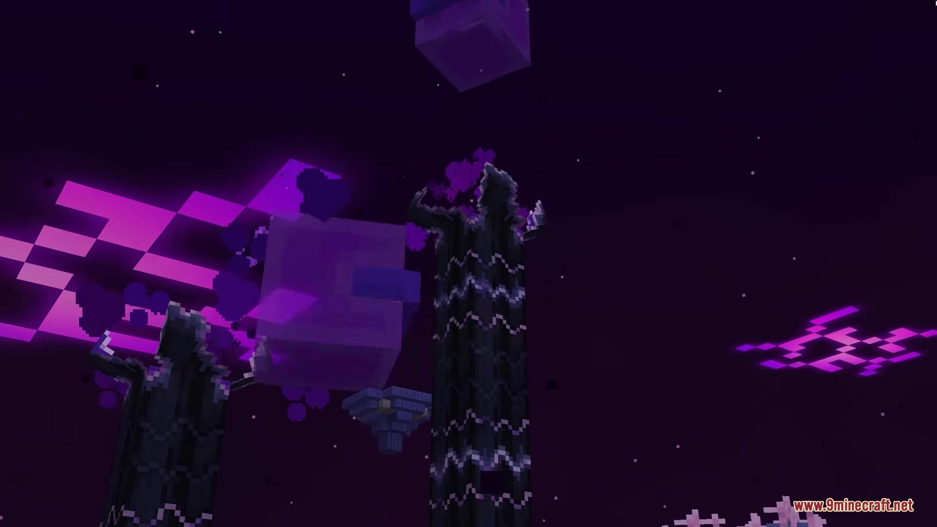 The Beyond Mod Screenshot 18 Tall dark towers with purple glowing highlights stand beneath floating purple blocks