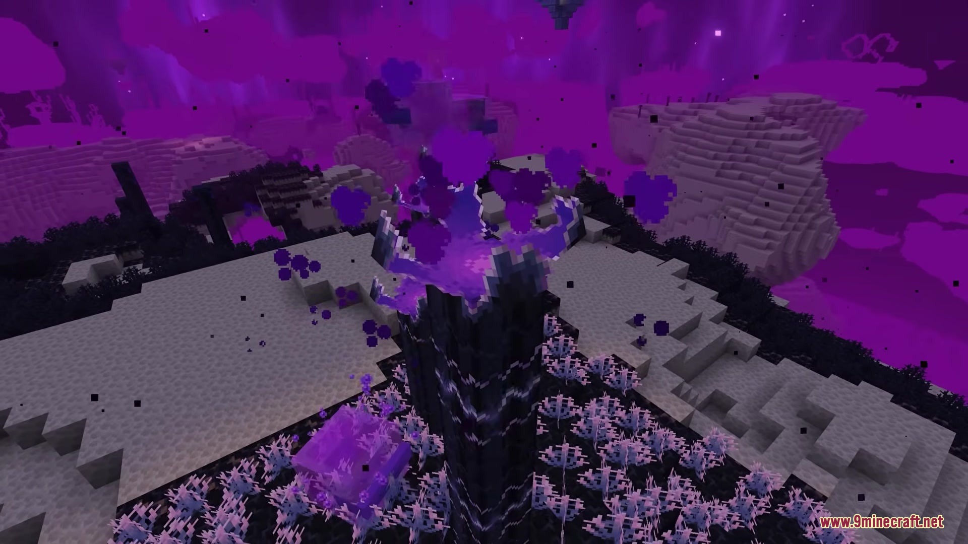 The Beyond Mod Screenshot 19 A tall dark pillar emitting purple particles amidst vibrant alien flora in the End