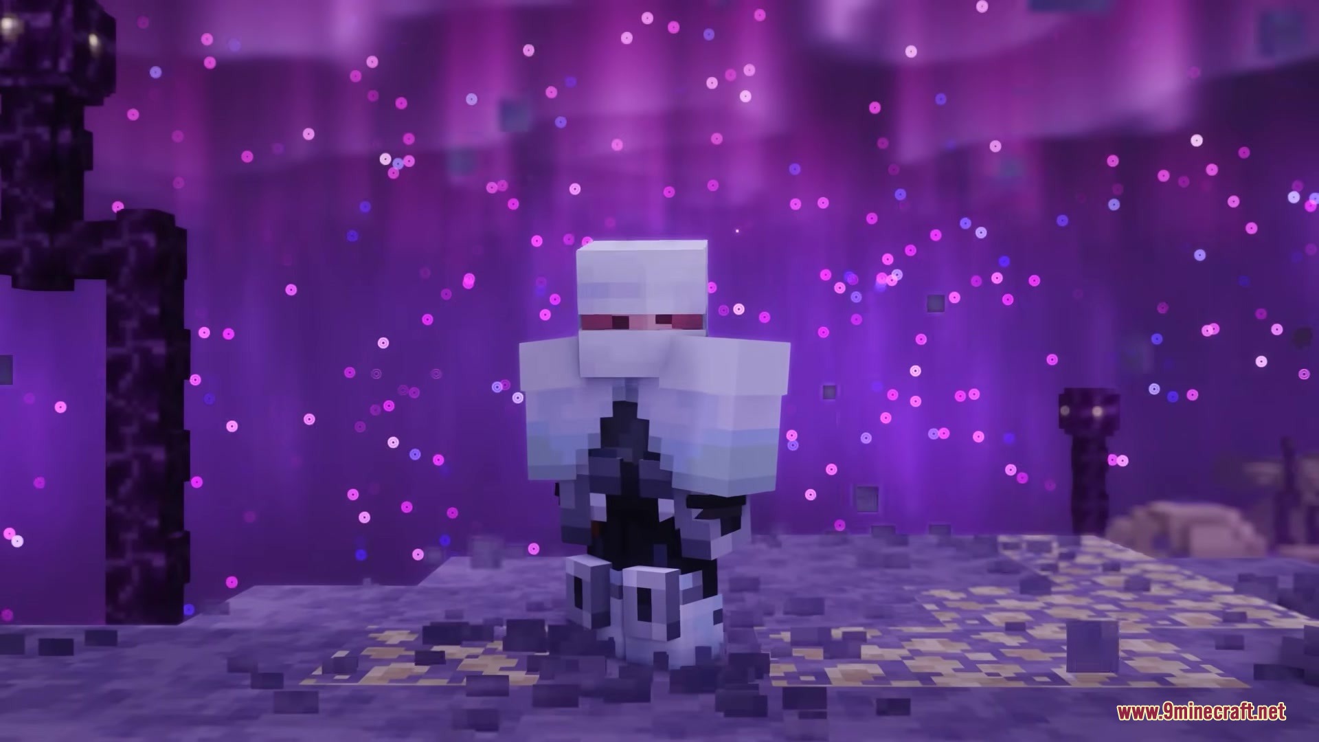 The Beyond Mod Screenshot 4 A humanoid mob wearing white armor with red eyes in a purple biome