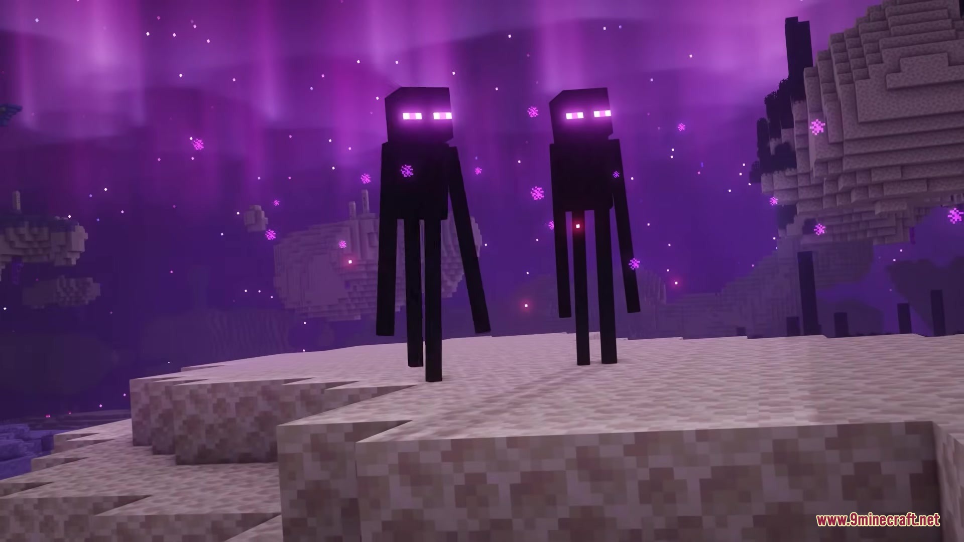 The Beyond Mod Screenshot 5 Two Endermen standing on End stone under a purple glowing sky