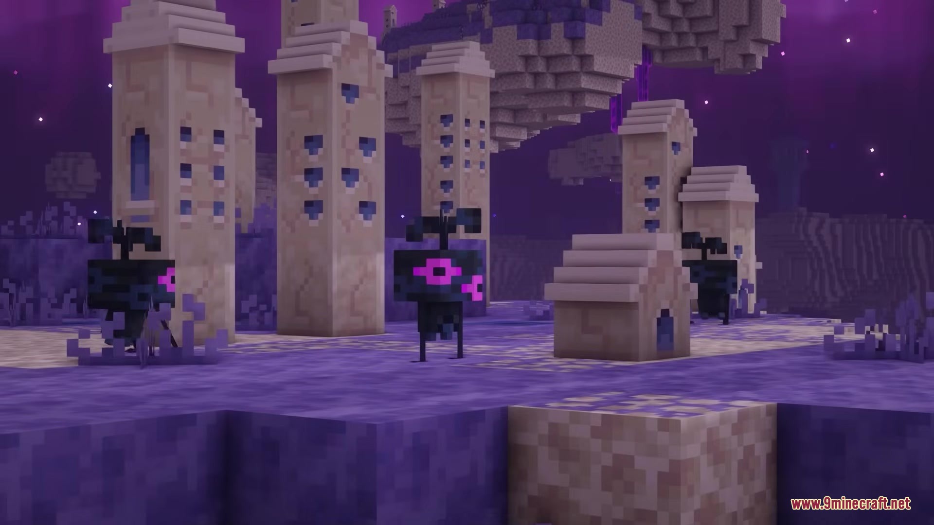 The Beyond Mod Screenshot 7 Dark blocky mobs with pink eyes standing near tall towers in the End
