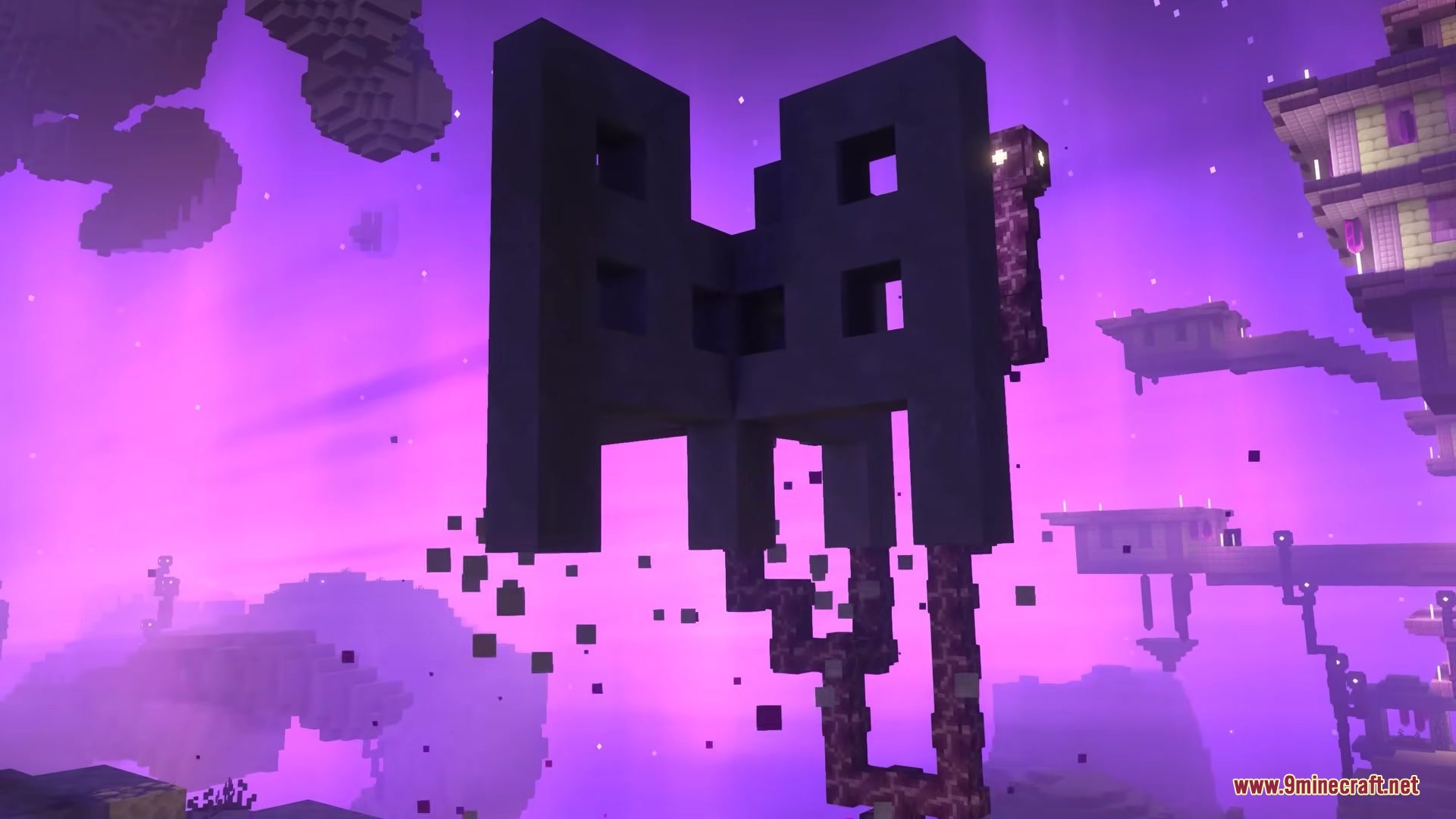 The Beyond Mod Screenshot 8 A massive dark structure floating in the purple sky of the End dimension