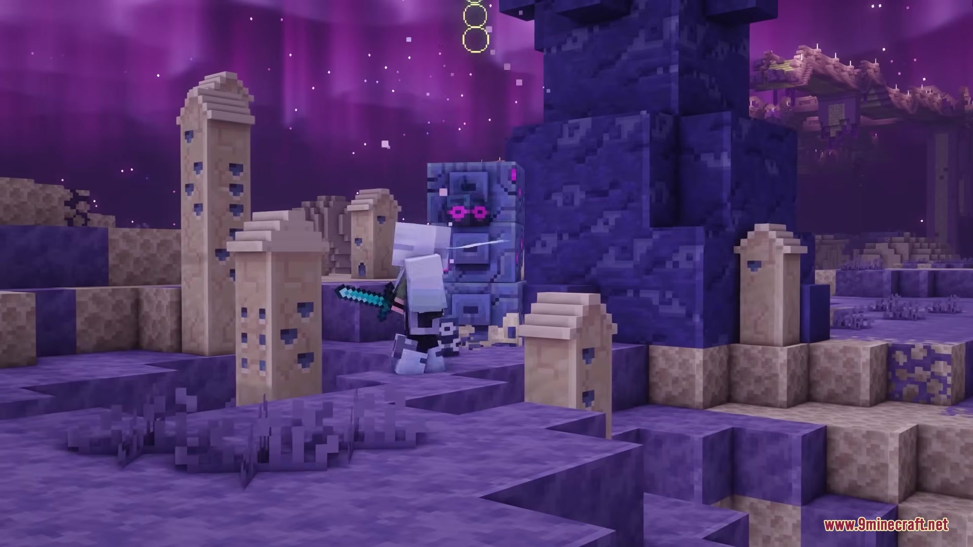 The Beyond Mod Screenshot 9 A player explores a purple biome with strange structures in the End dimension