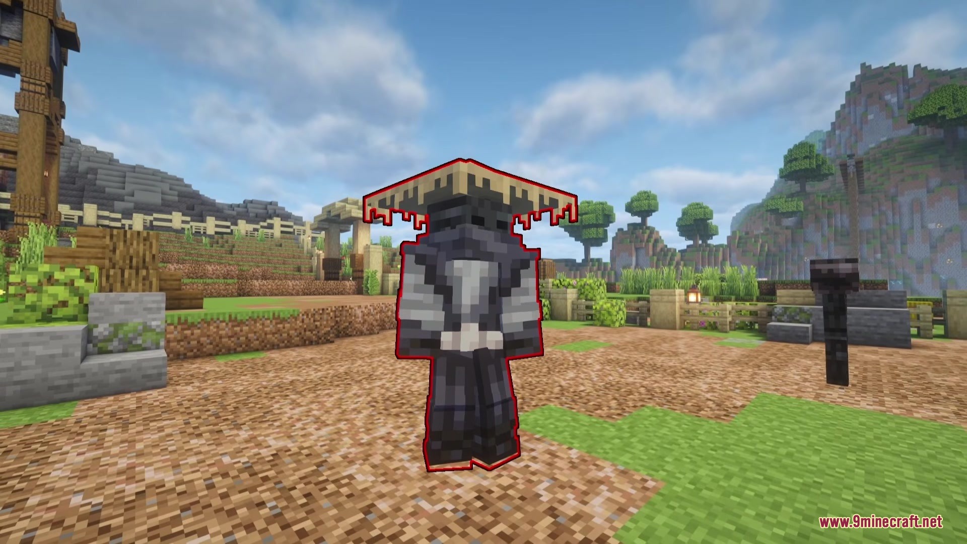 The Casket of Rrveries Bosses Mod Screenshot 1 A Minecraft character wearing dark armor and a wide straw hat