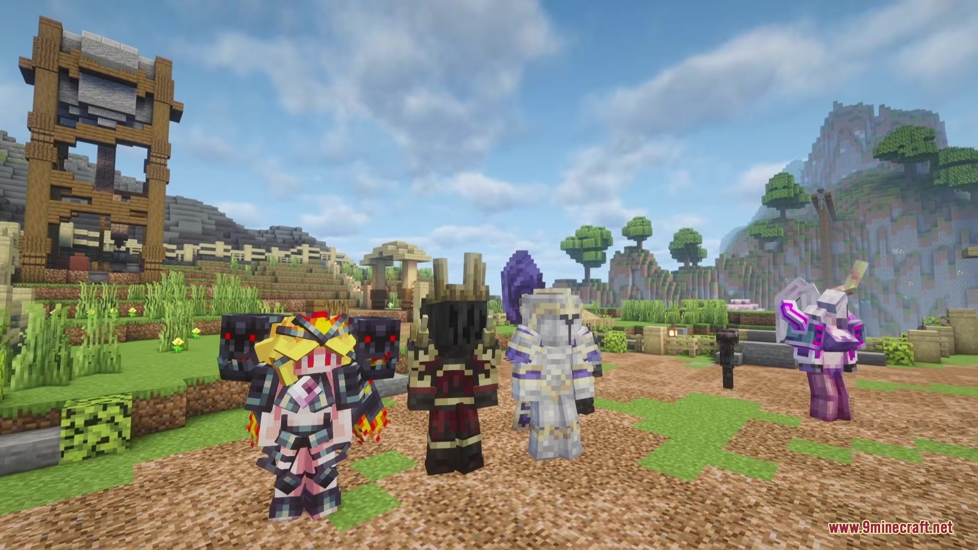 The Casket of Rrveries Bosses Mod Screenshot 2 Four unique custom bosses standing together in a Minecraft village setting