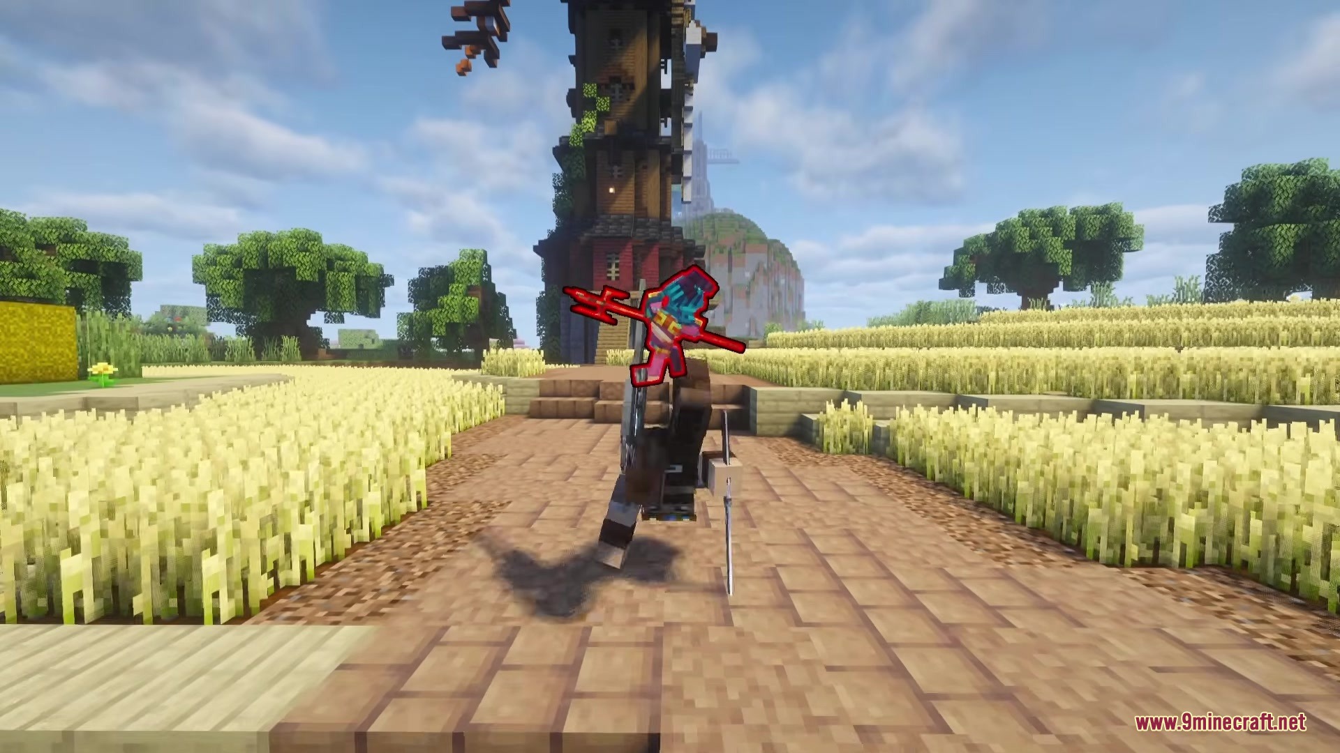 The Casket of Rrveries Bosses Mod Screenshot 3 A Minecraft character wearing red armor holds a trident in a wheat field