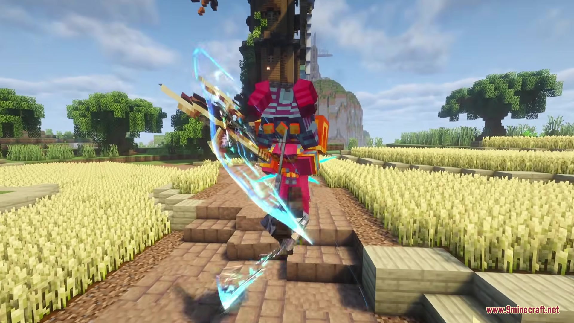The Casket of Rrveries Bosses Mod Screenshot 4 A player in pink armor performs a spinning attack with blue energy trails