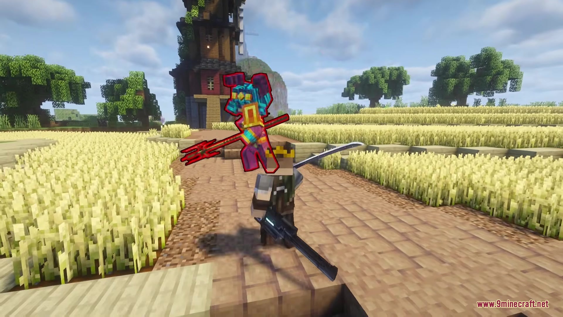 The Casket of Rrveries Bosses Mod Screenshot 5 A player character wielding a katana faces a unique floating boss in Minecraft
