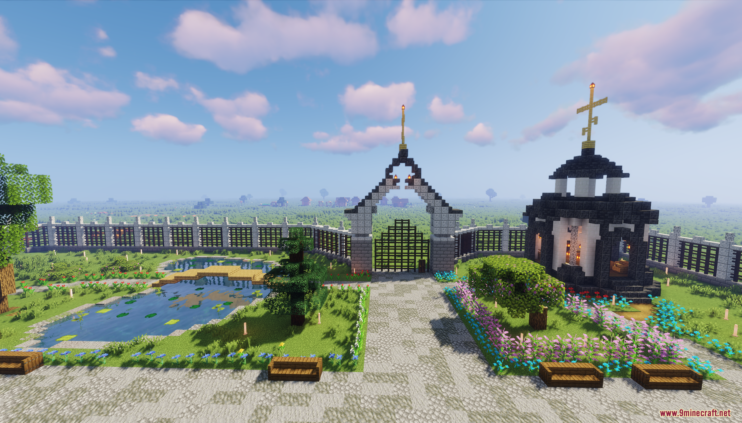 A gated entrance leads to a peaceful garden with a pond and chapel