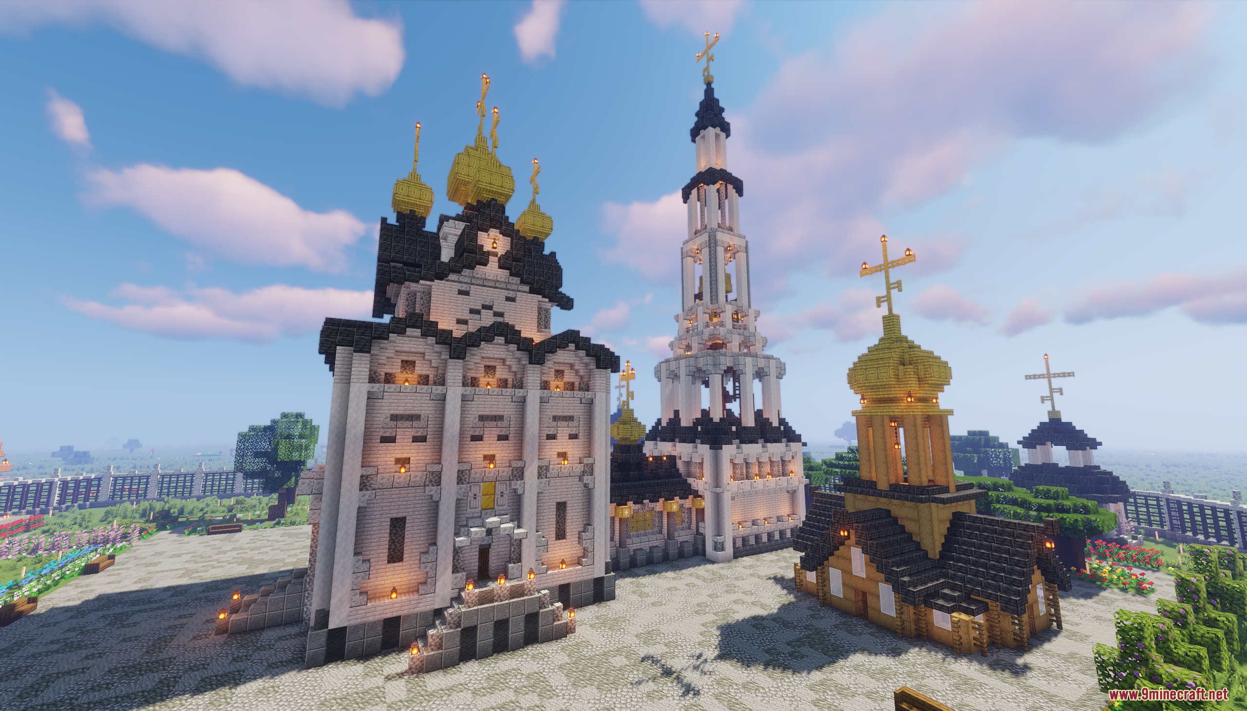 A large white Minecraft cathedral with golden onion domes and bell tower