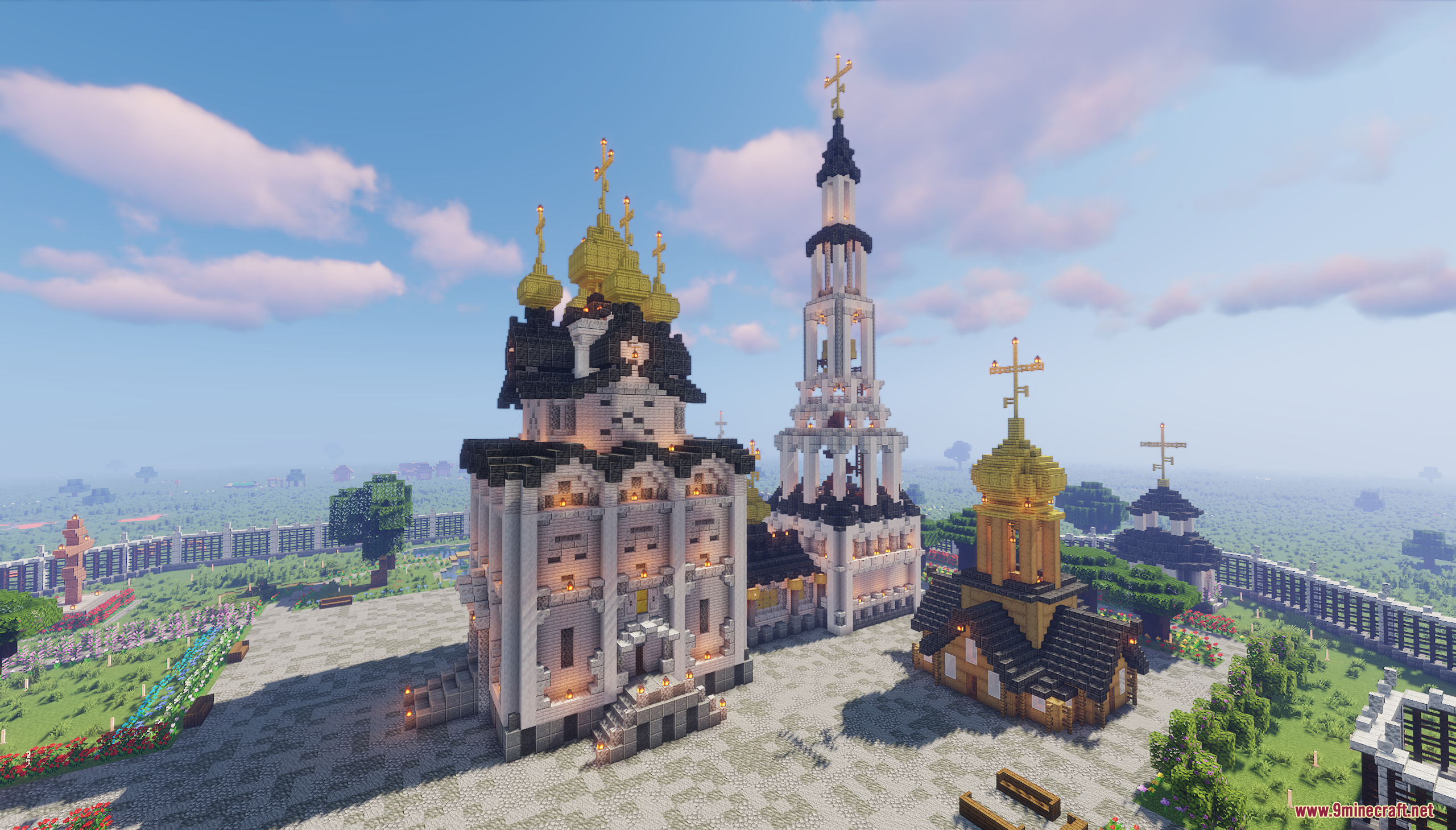 Wide view of a Russian Orthodox church complex built in Minecraft