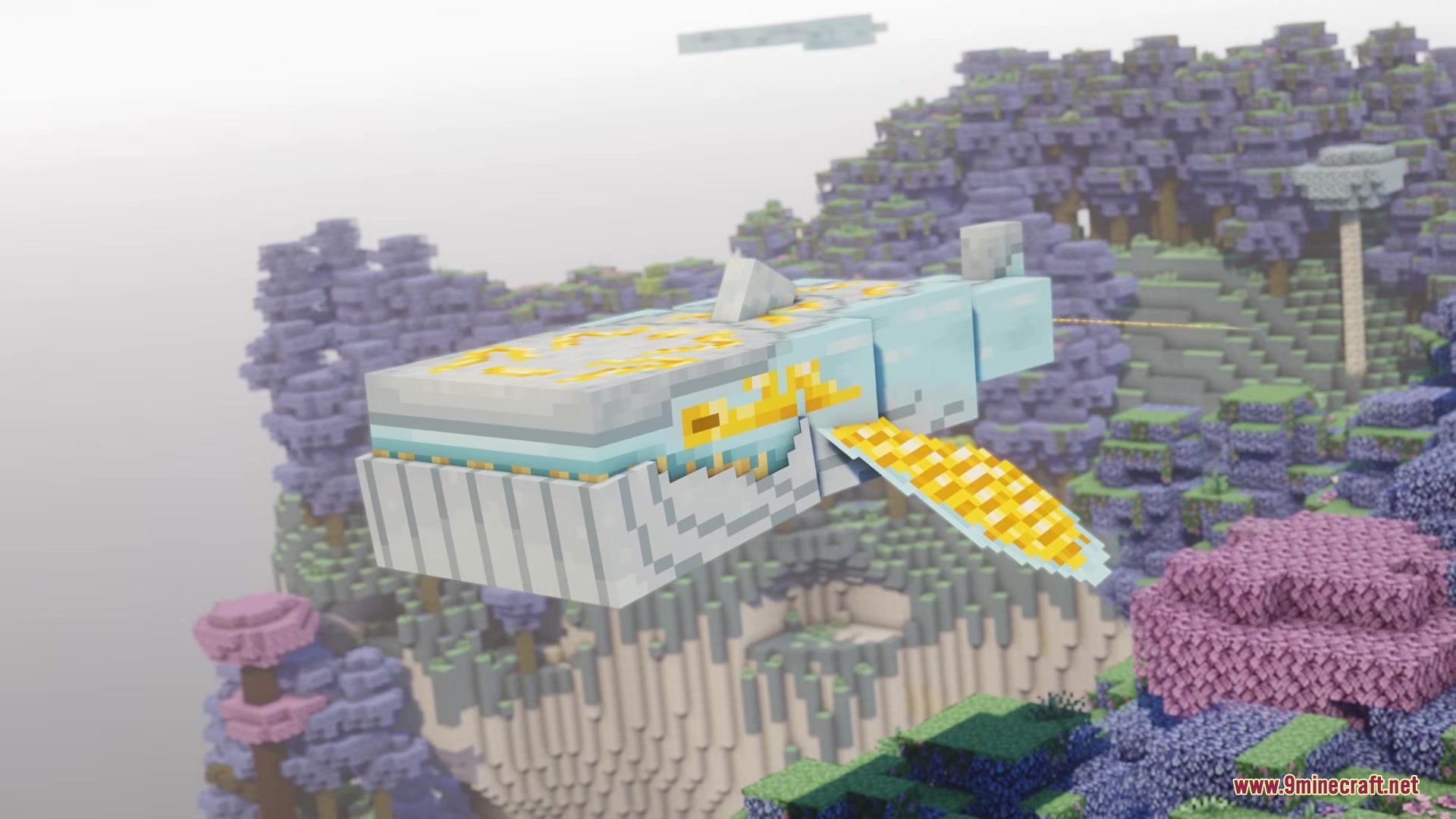 The Fossils Mod Screenshot 1 A massive prehistoric aquatic creature floating above a vibrant purple forest biome