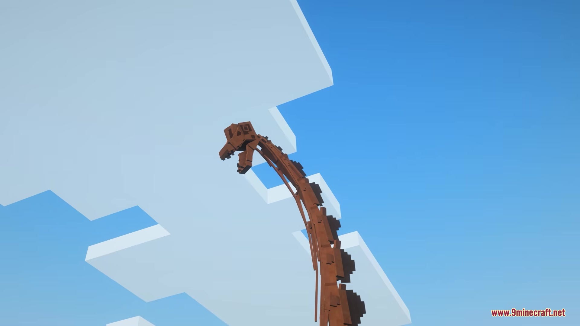The Fossils Mod Screenshot 10 The long neck and head of a dinosaur skeleton reaching the clouds