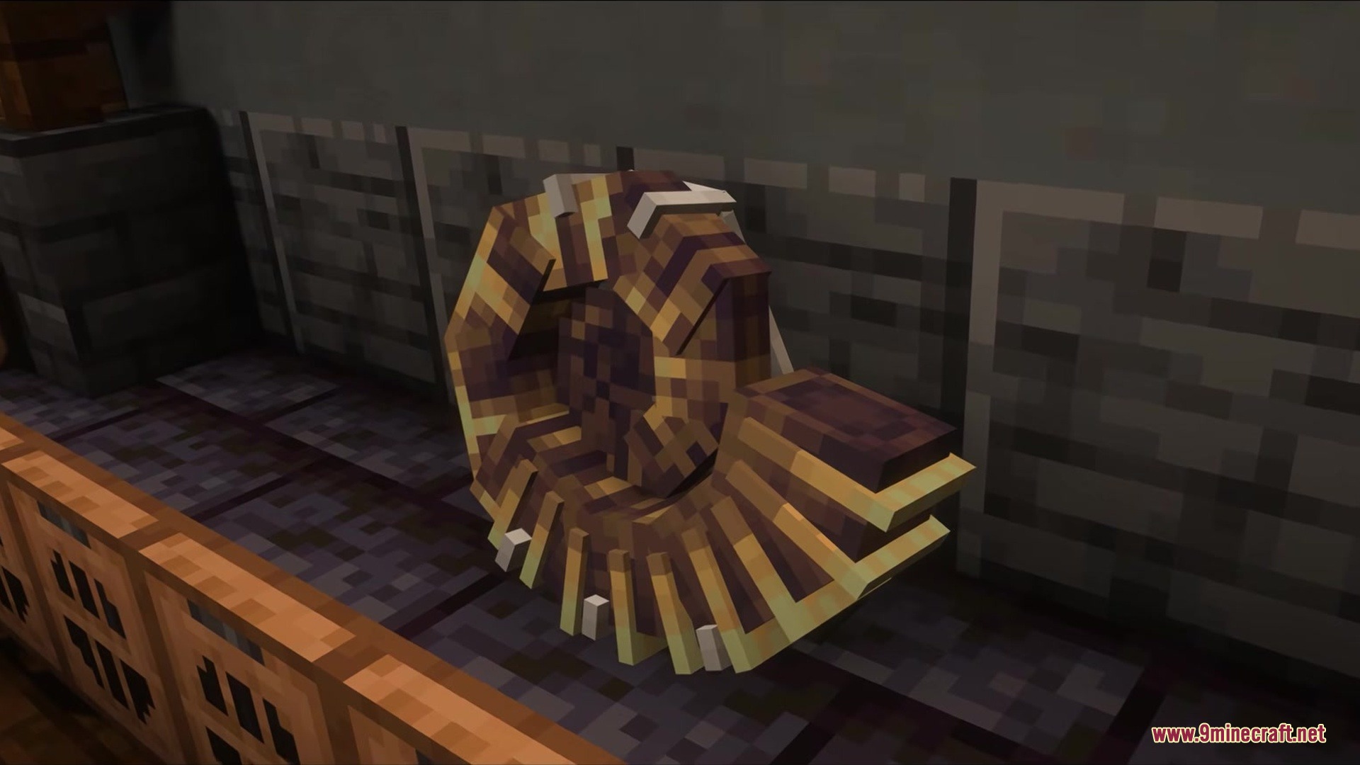 The Fossils Mod Screenshot 2 A detailed spiral ammonite fossil placed on a stone floor for display