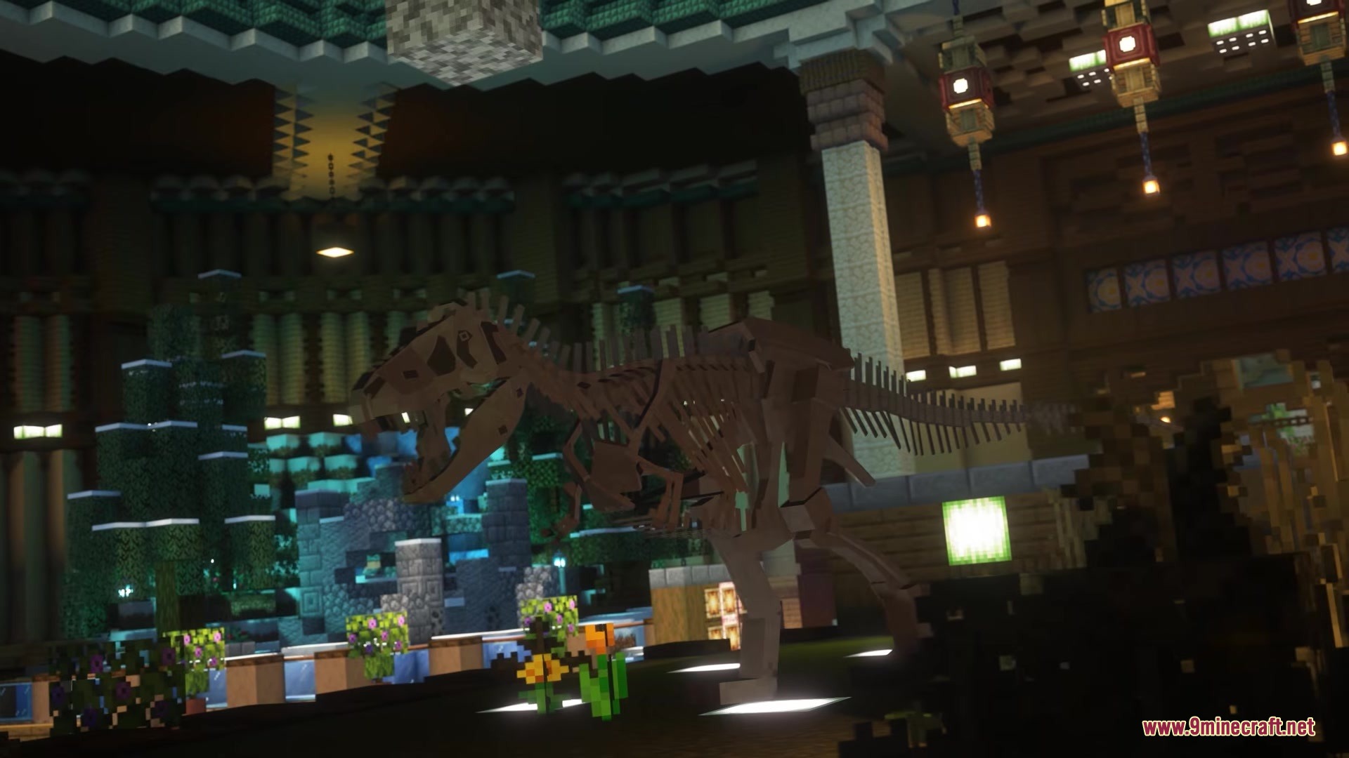 The Fossils Mod Screenshot 3 A massive dinosaur skeleton stands inside a grand museum hall in Minecraft