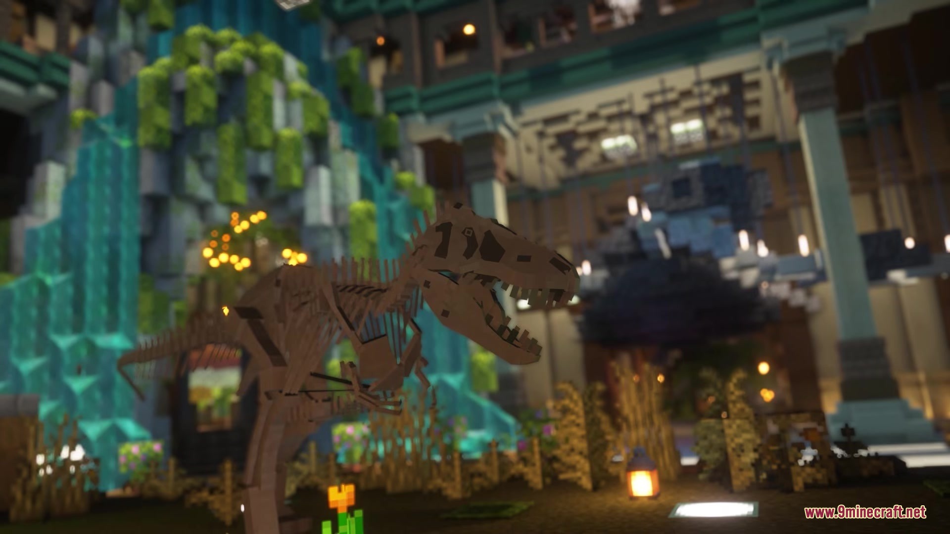 The Fossils Mod Screenshot 4 A large dinosaur skeleton displayed in front of a decorative indoor waterfall