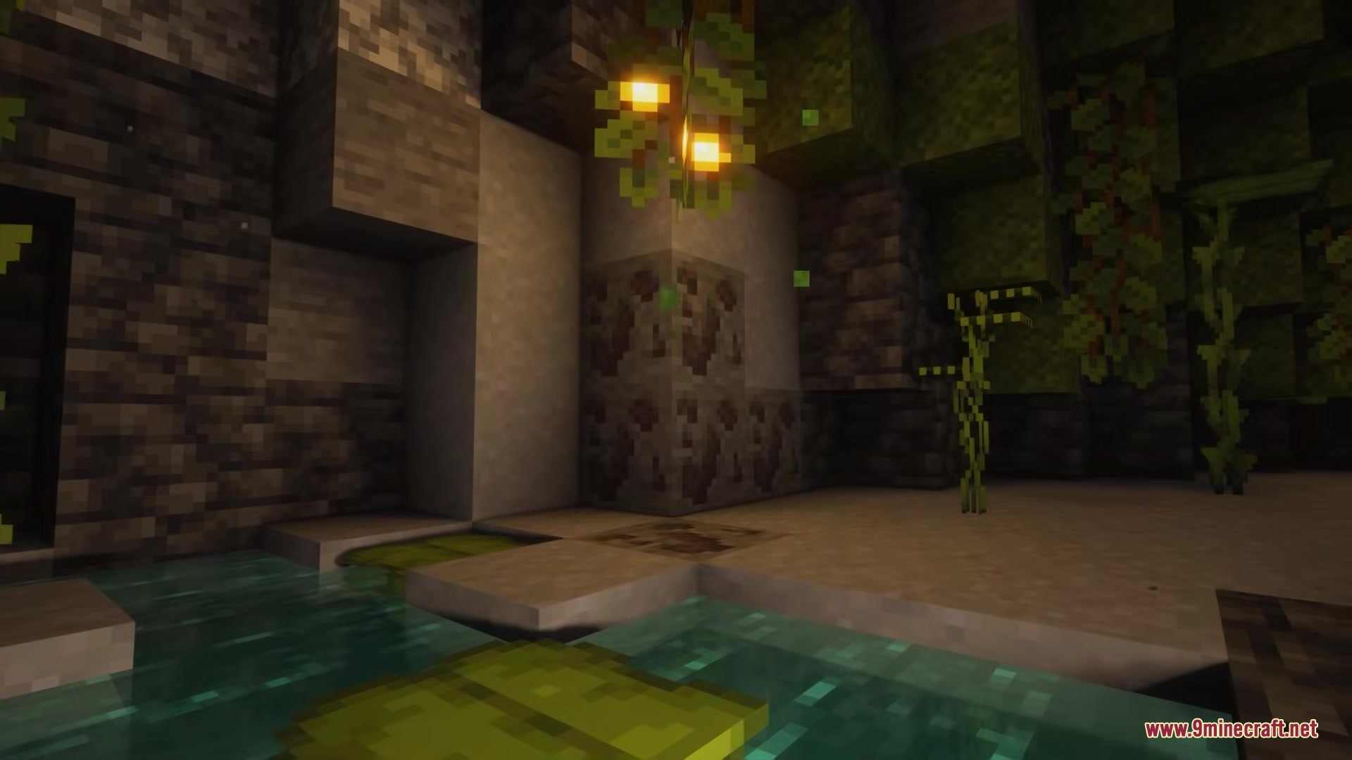 The Fossils Mod Screenshot 5 Fossil ores embedded in the wall of a lush underground cave with water