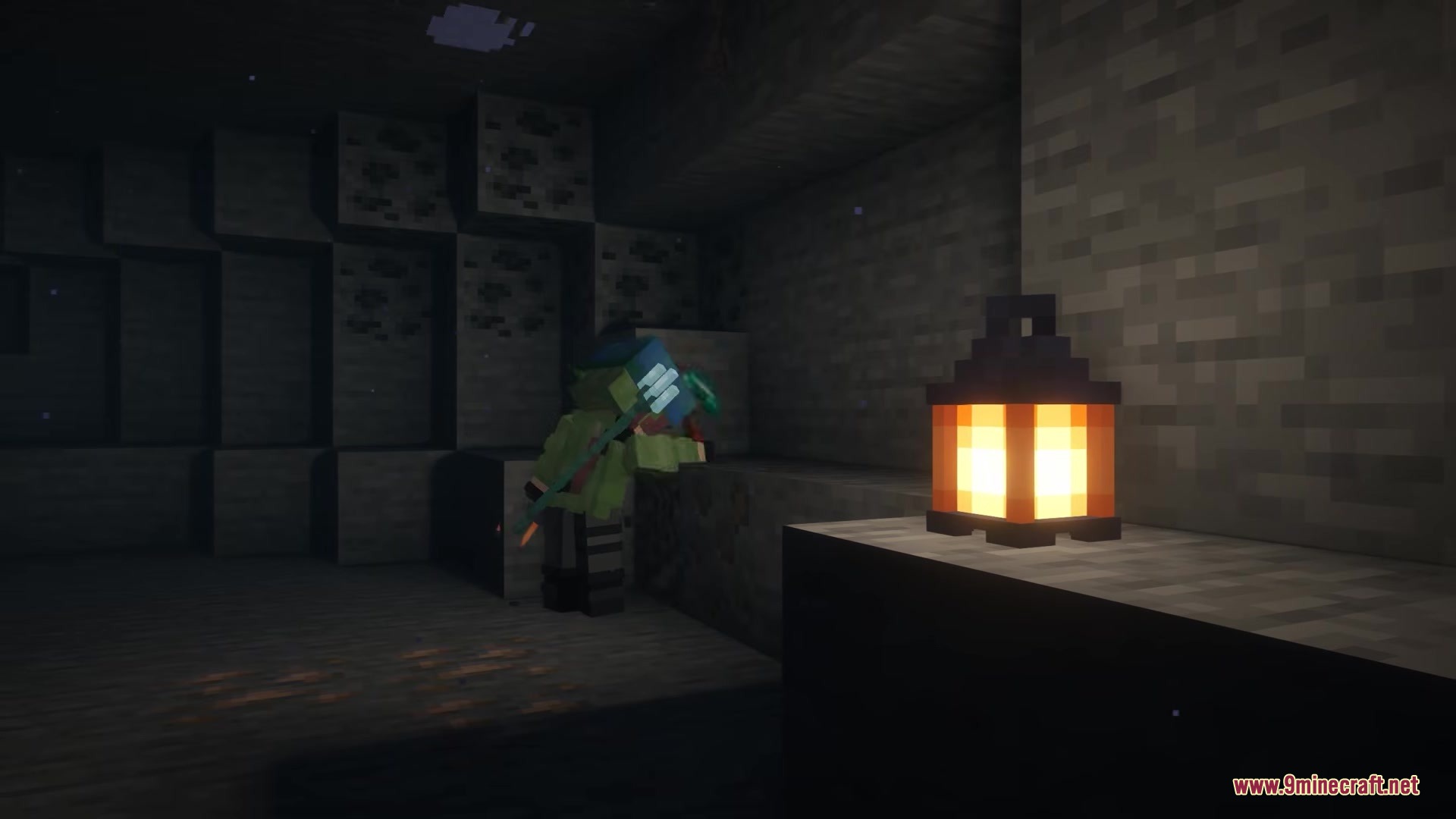 The Fossils Mod Screenshot 6 A player mining fossil ores in a dark cave lit by a lantern