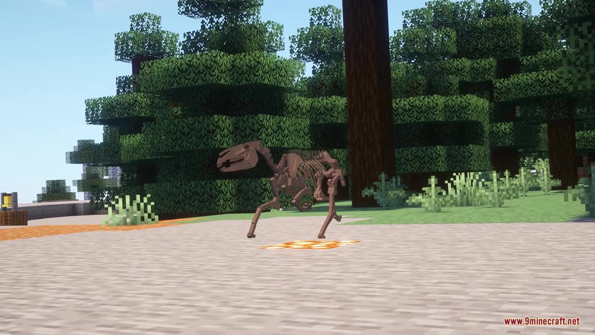 The Fossils Mod Screenshot 7 A small prehistoric animal skeleton standing in a forest clearing in Minecraft