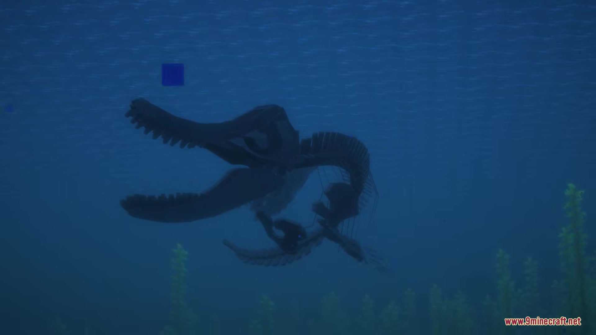 The Fossils Mod Screenshot 8 A giant aquatic dinosaur skeleton displayed deep underwater in a Minecraft ocean