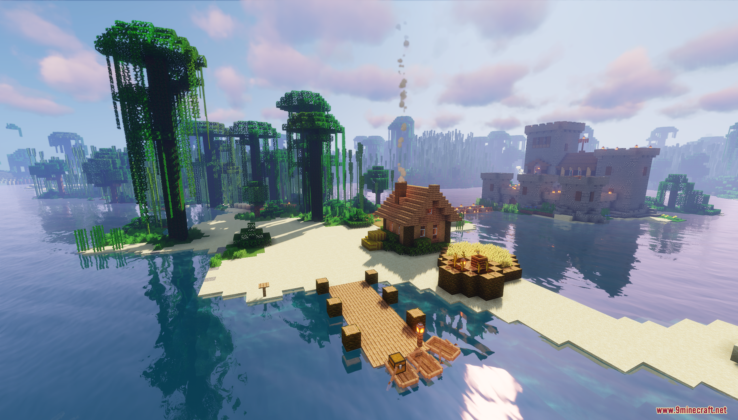 The Island Castle Map Screenshot 4 Large medieval stone castle across the water from a small island house