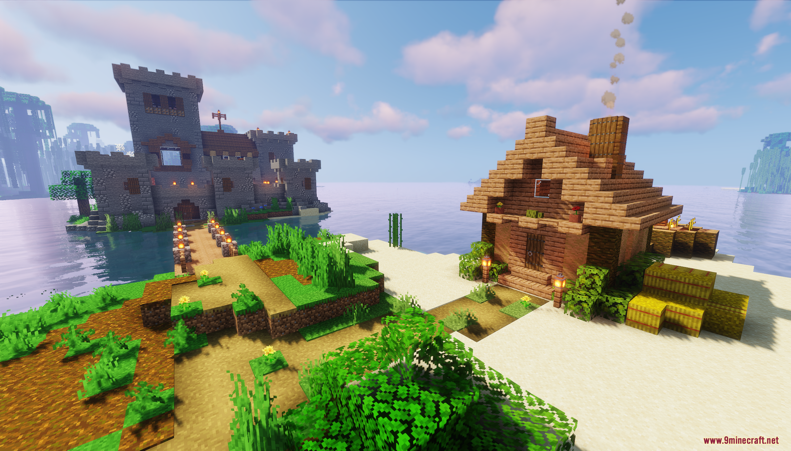 The Island Castle Map Screenshot 5 A wooden house on a beach next to a stone island castle