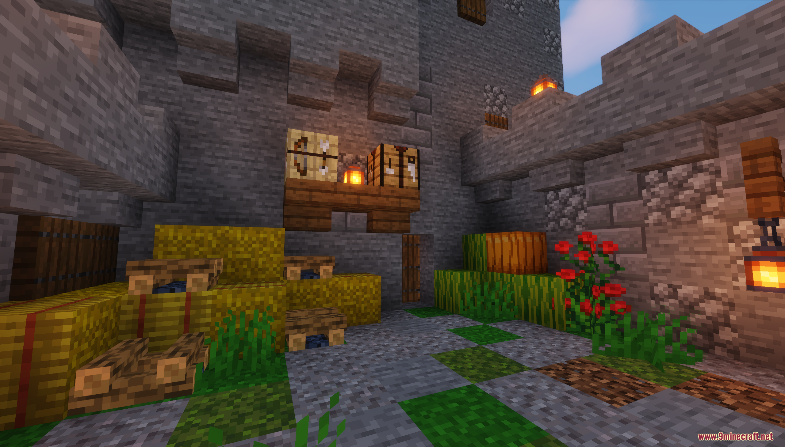 The Island Castle Map Screenshot 8 A castle courtyard with hay bales fletching table and crafting table