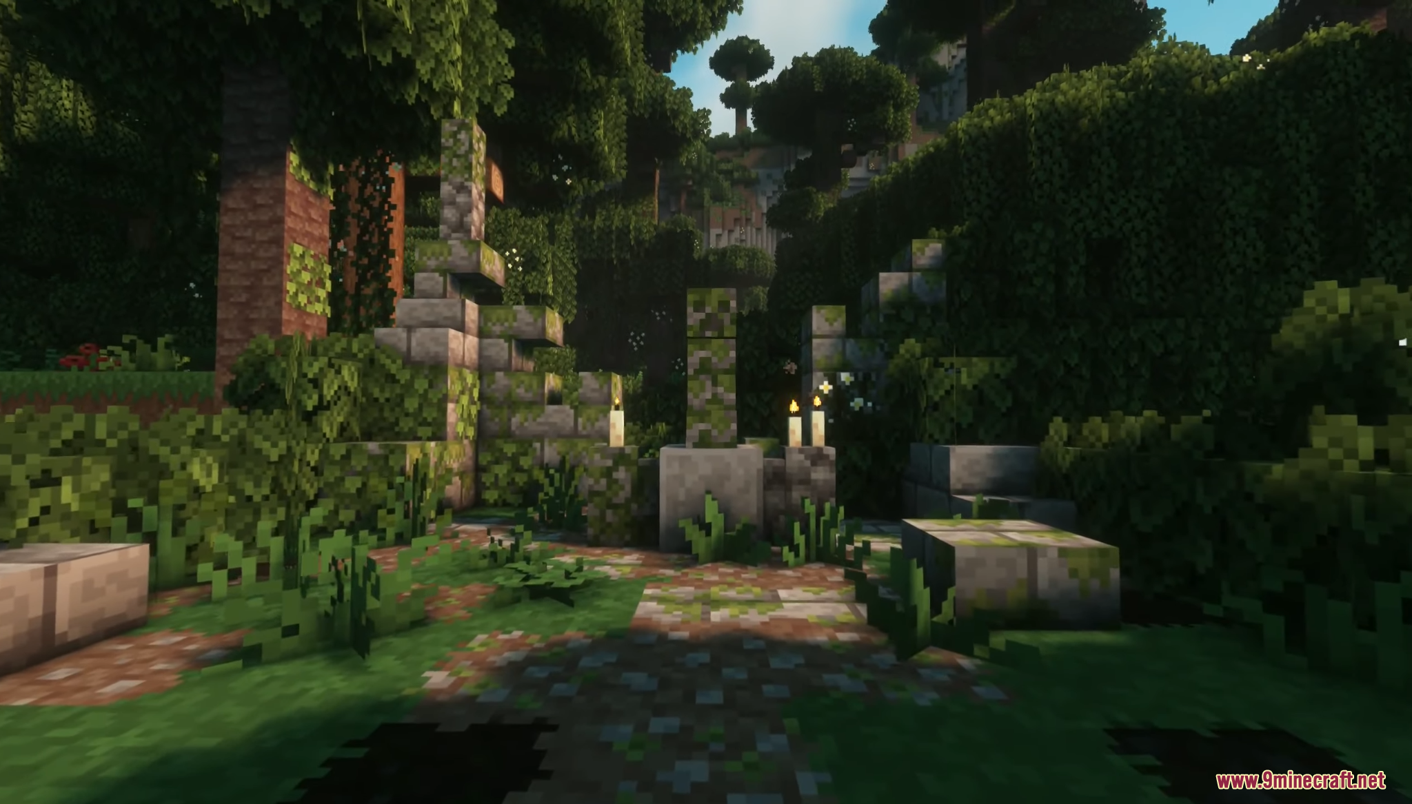 Ancient stone ruins with candles hidden deep inside a lush forest