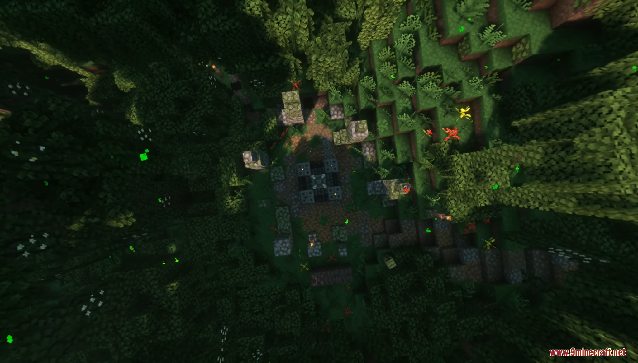 Top down view of a forest clearing with stone ruins and glowing particles