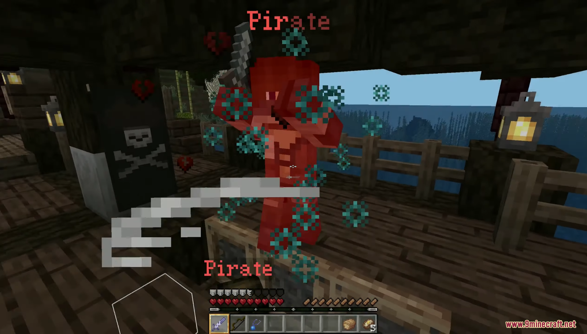 A player fighting a red pirate mob on a wooden ship deck