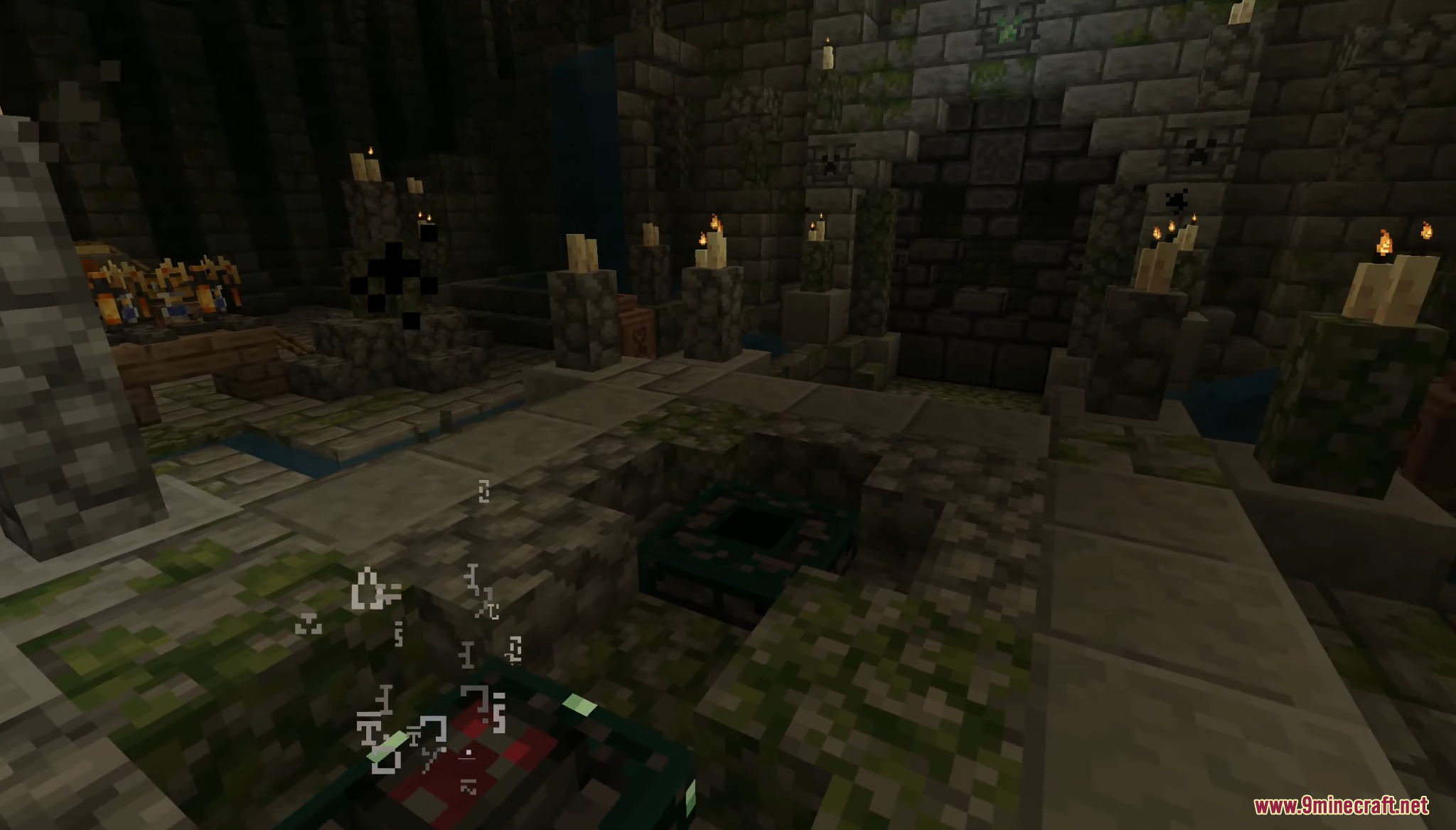 A dark stone temple room with lit candles in Legend of Creepers