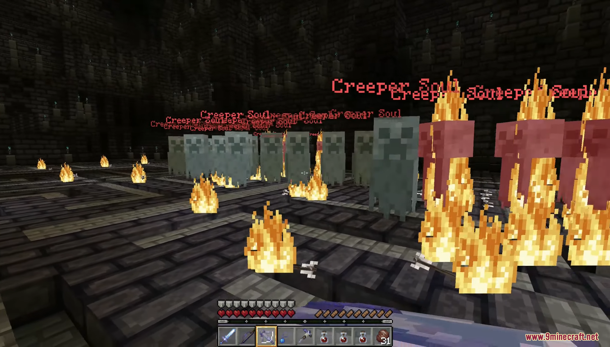 A player holding a bow faces many ghostly Creeper Soul mobs in fire