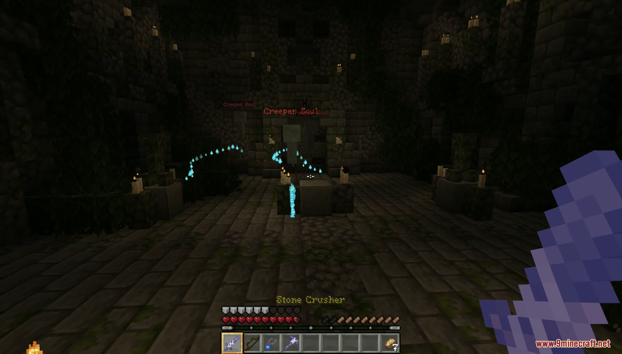 Player holding Stone Crusher sword in a dark temple with blue soul particles