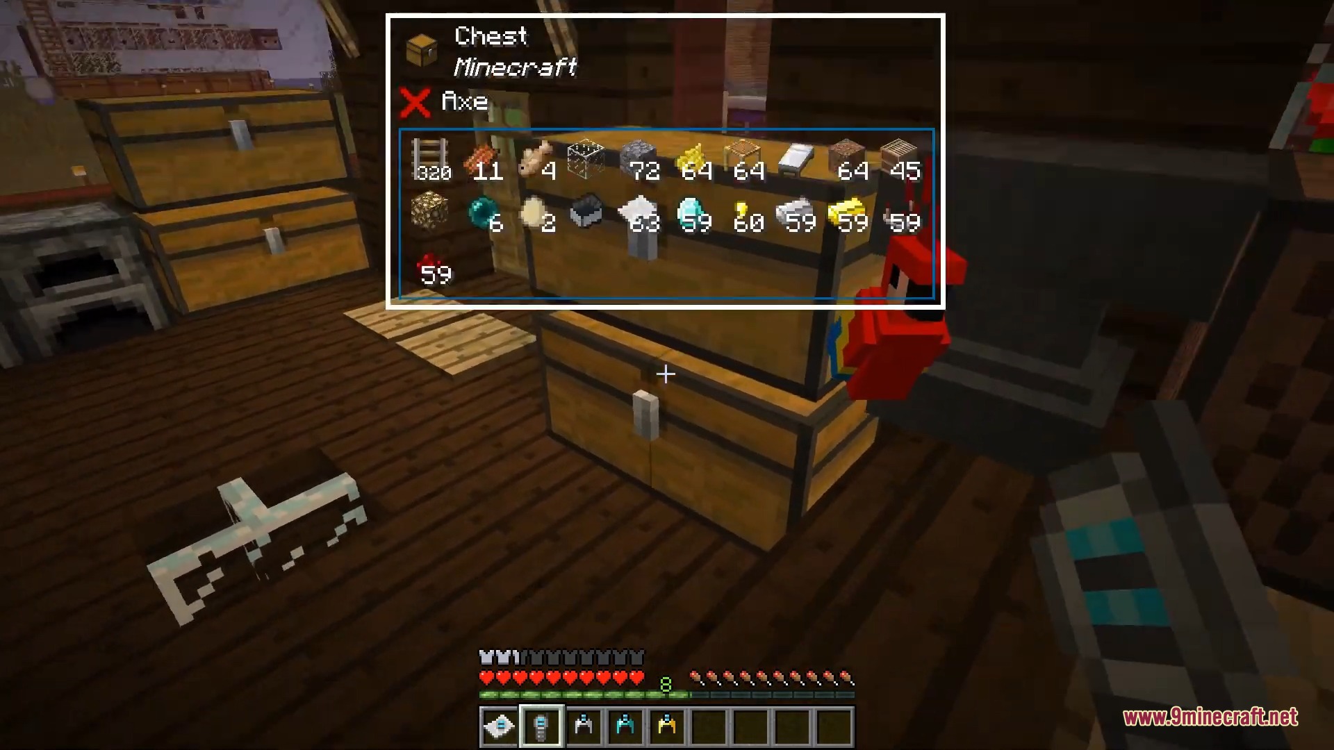 The One Probe 9minecraft Mod Screenshot 10 A tooltip showing chest contents next to a red parrot in Minecraft