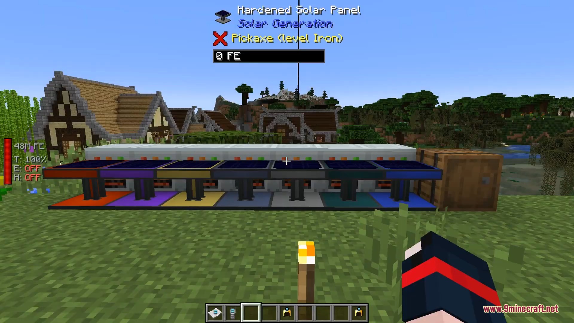 The One Probe 9minecraft Mod Screenshot 13 A row of colorful solar panels with a detailed HUD information overlay