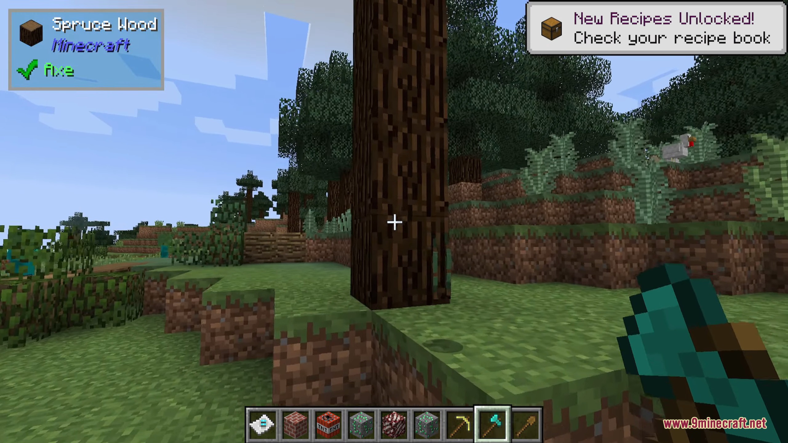 The One Probe 9minecraft Mod Screenshot 7 Player looking at a spruce wood block with a HUD overlay