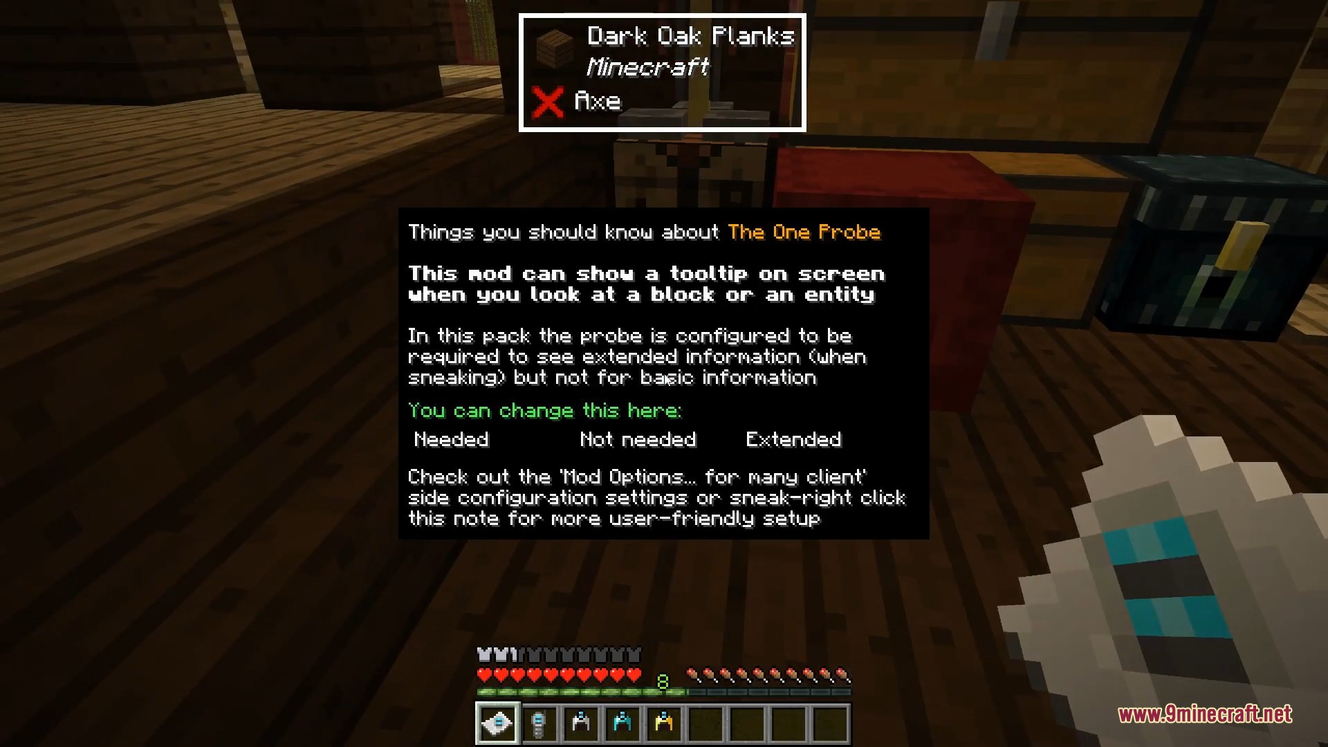 The One Probe 9minecraft Mod Screenshot 9 A player reads a configuration note for The One Probe mod in Minecraft