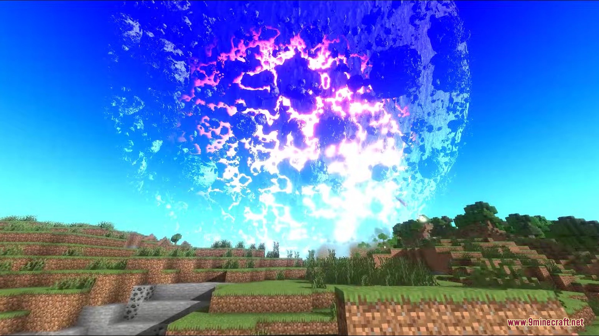The Past Ages REWORK Mod Screenshot 1 A massive glowing meteor crashing down onto a grassy Minecraft landscape