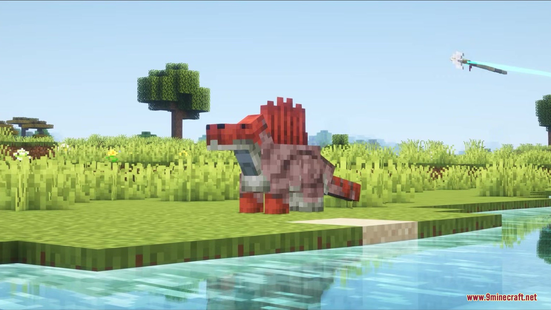 The Past Ages REWORK Mod Screenshot 3 A red Suchomimus dinosaur stands near a river as a trident flies past