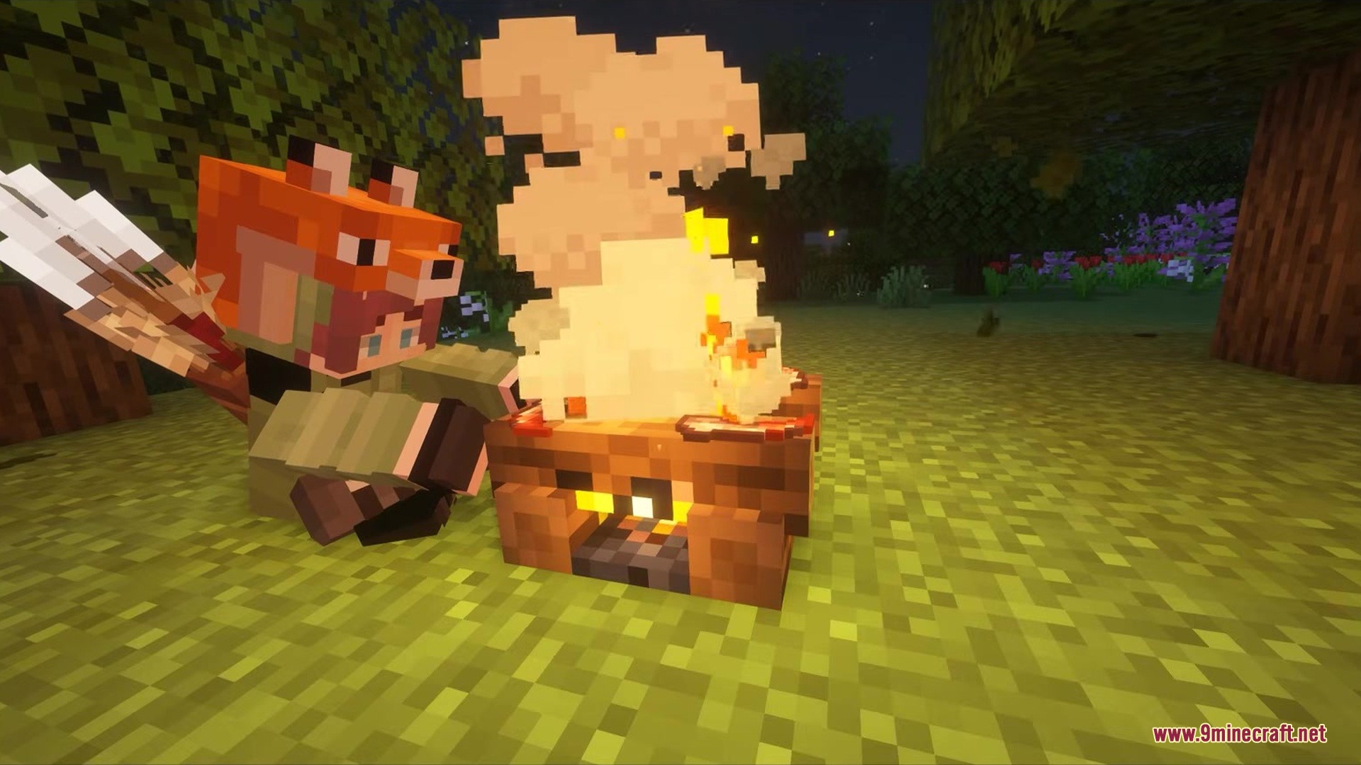 The Past Ages REWORK Mod Screenshot 4 A player wearing a fox hat sits by a campfire at night