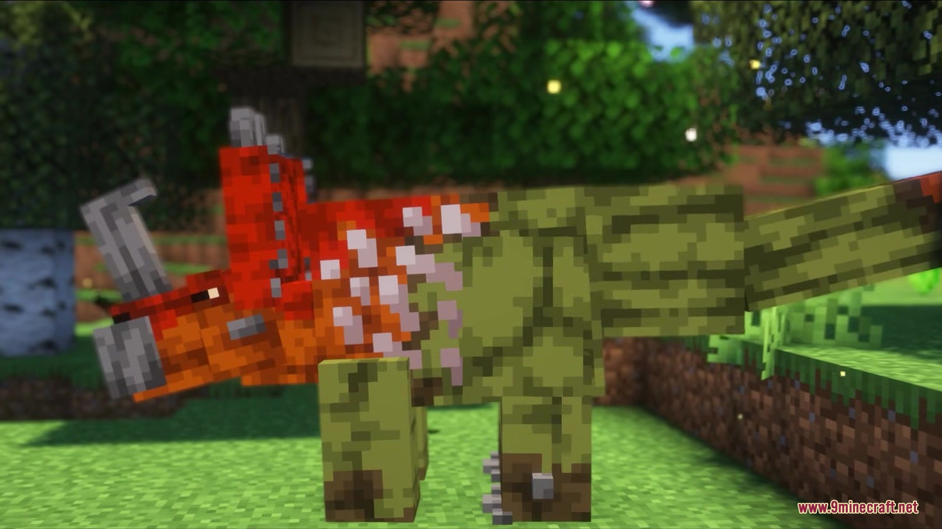 The Past Ages REWORK Mod Screenshot 6 A green dinosaur with a red frill walking through a lush forest biome