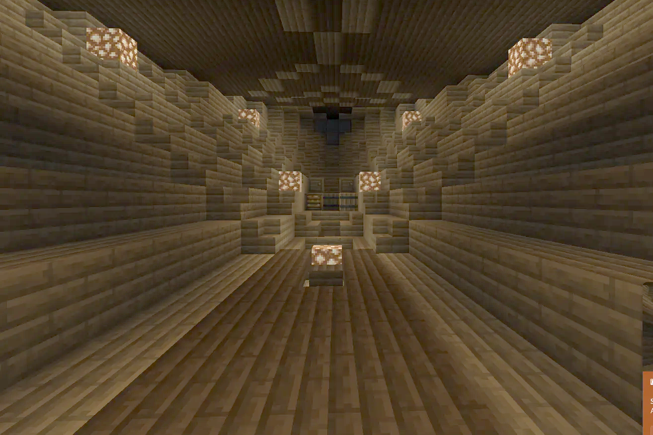 The PineWind Schematic Screenshots 2 Symmetrical wooden interior of an airship with glowstone blocks and storage barrels