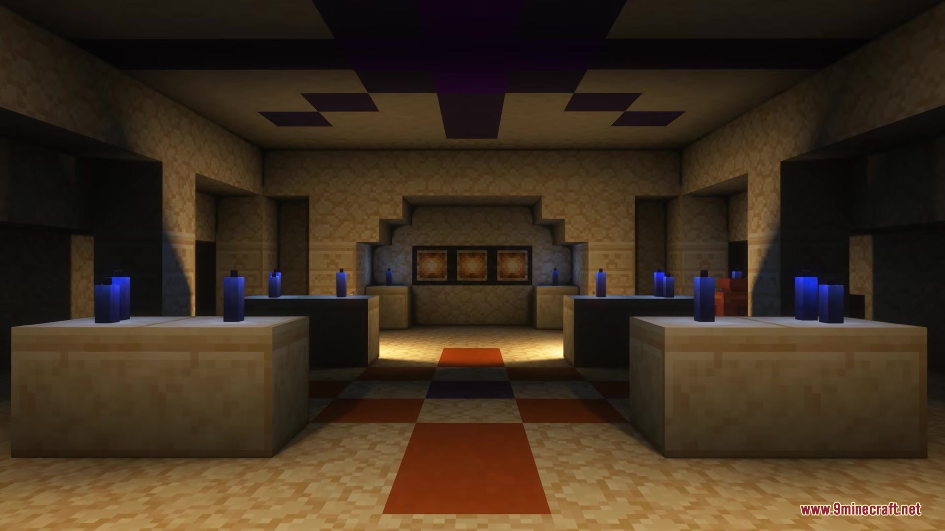 Inside an Ashbound structure featuring blue candles and a red carpet path