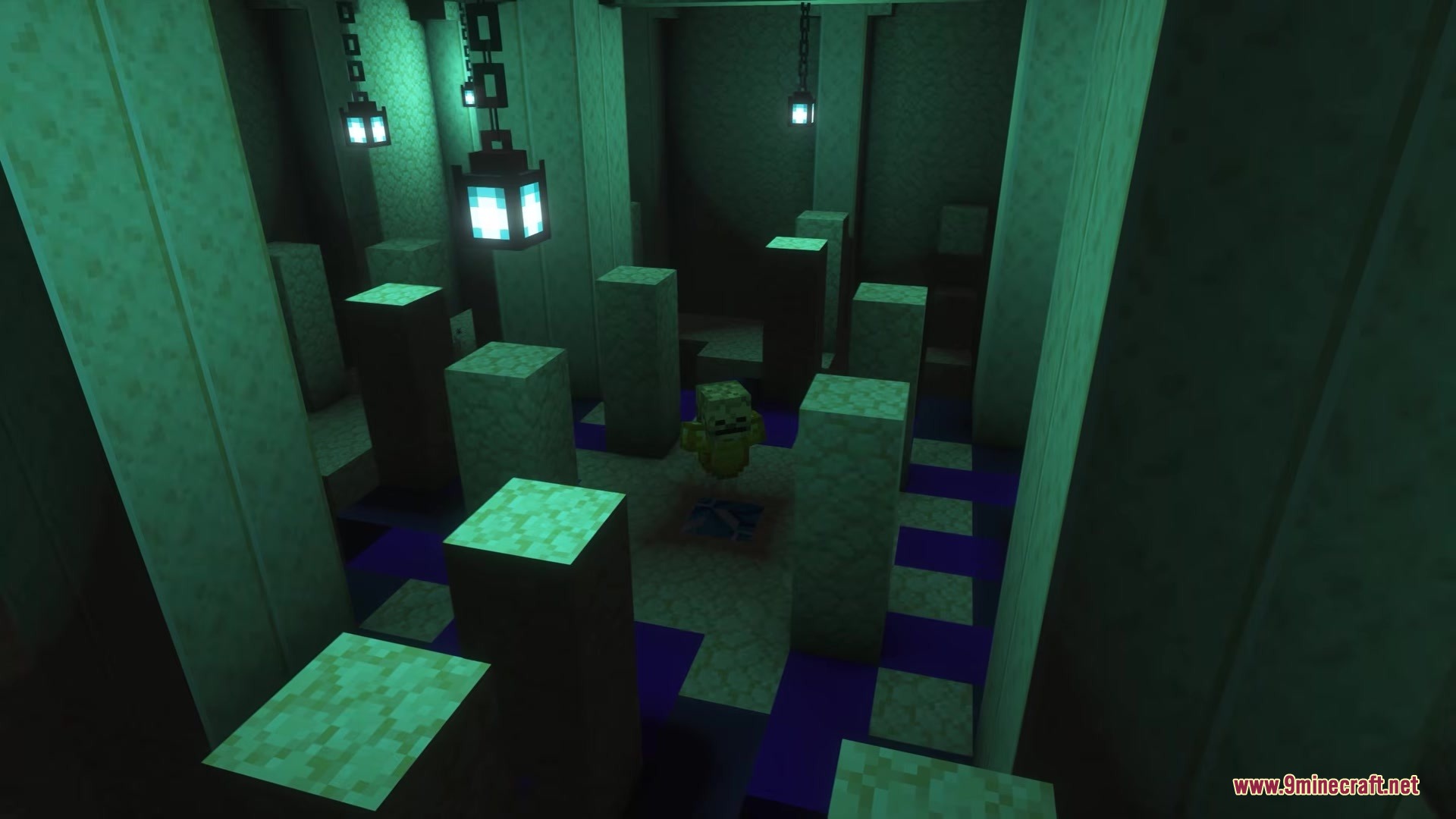 Soul lanterns hanging over stone pillars in a dark teal lit room